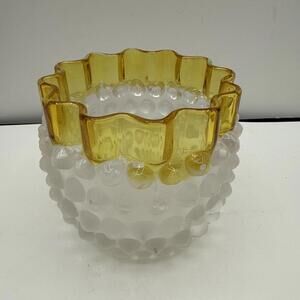 1880s Hobbs Brockunier Frances Ware Dewdrop Frosted Hobnail Bowl Yellow Rim-Deco